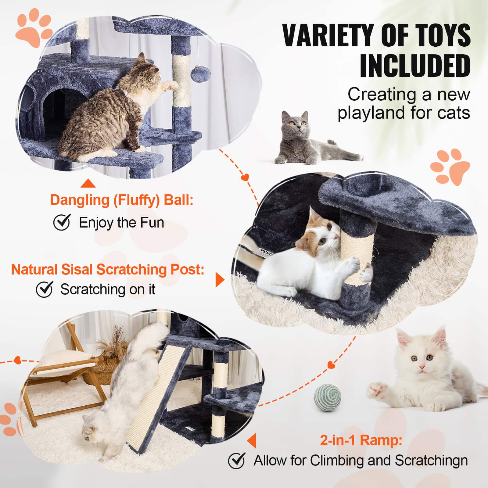 Soft plush cat tree with dangling toy for playful cats and natural sisal scratching post for healthy claws. Includes a 2-in-1 ramp for climbing and scratching activities, ideal for feline entertainment and exercise.