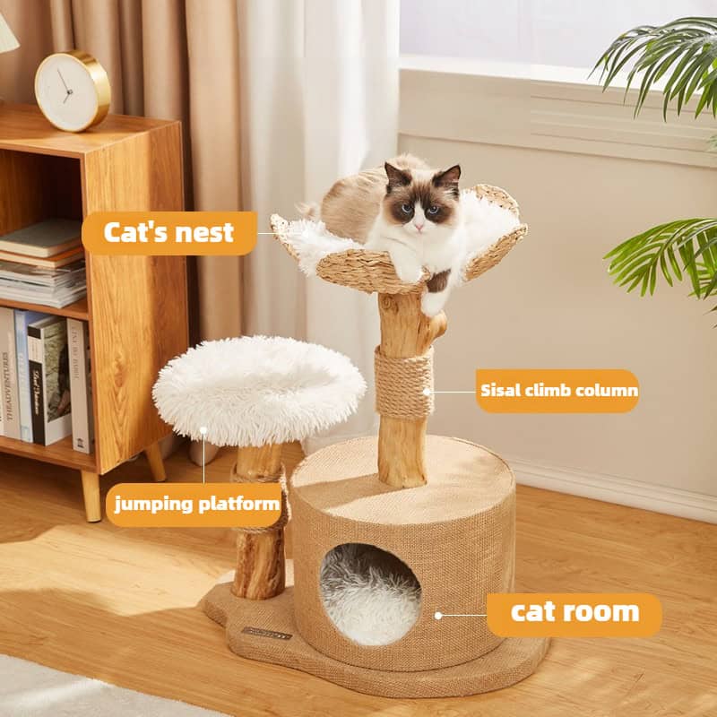 Fluffy cat lounging on beige multi-level cat tree with sisal-climb column, jump platform, and cozy cat room, situated in a bright living room near bookshelves and greenery.