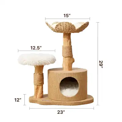 High-quality wooden cat scratching tree with multiple platforms, cozy condo, and sisal-wrapped posts for scratching, designed for pet comfort and play. Perfect for cats to climb, rest, and exercise.