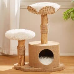 Soft fluffy cat tree with multiple platforms, sisal-wrapped posts, and cozy hideout for pets, ideal for climbing, scratching, and resting in stylish home decor.