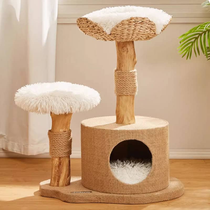 Soft fluffy cat tree with multiple platforms, sisal-wrapped posts, and cozy hideout for pets, ideal for climbing, scratching, and resting in stylish home decor.