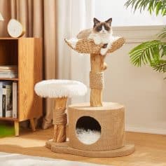 Luxury cat tree with multiple platforms and cozy hideout, ideal for pet owners seeking stylish and functional pet furniture, perfect for cats to play, rest, and scratch at Monalisa Store.