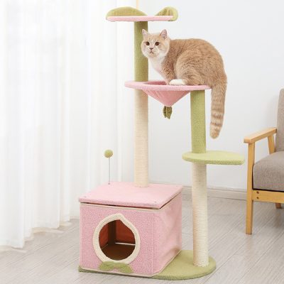 Luxury cat tree with multiple platforms and scratching posts for indoor cats, pastel colors design.