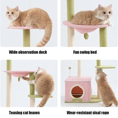 Fluffy orange cat lounging on pink observation deck, cat tree with soft surfaces, perfect for indoor cats, Monalisa Store pet furniture, stylish and functional cat furniture, cat scratching post.