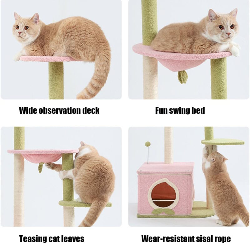 Fluffy orange cat lounging on pink observation deck, cat tree with soft surfaces, perfect for indoor cats, Monalisa Store pet furniture, stylish and functional cat furniture, cat scratching post.
