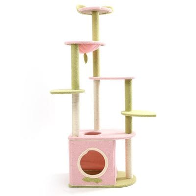 Soft pastel pink and green cat tree with multiple platforms and a cozy enclosed hideout, perfect for cats' entertainment and relaxation.