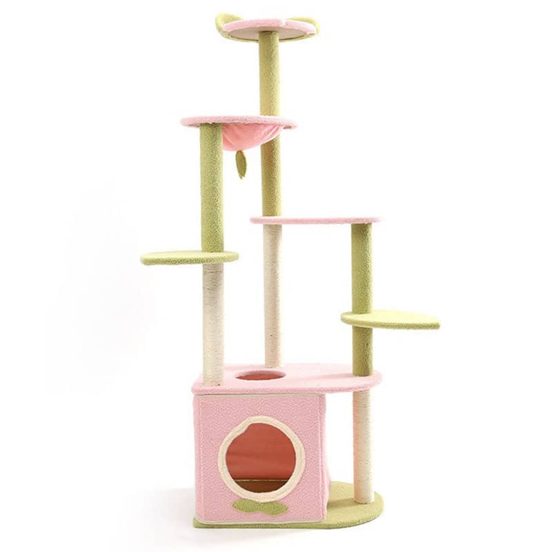 Soft pastel pink and green cat tree with multiple platforms and a cozy enclosed hideout, perfect for cats' entertainment and relaxation.