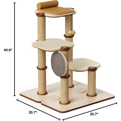 Elegant beige and brown multi-level cat tree with scratching posts, cozy platforms, and a hanging toy, perfect for pet enrichment and entertainment.