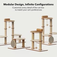 Stylish beige and brown modern cat tree with multiple platforms, scratching posts, and cozy resting spots for cats to play, climb, and relax. Perfect for pet owners seeking durable, functional, and aesthetically pleasing cat furniture.