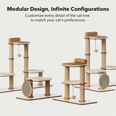 Stylish beige and brown modern cat tree with multiple platforms, scratching posts, and cozy resting spots for cats to play, climb, and relax. Perfect for pet owners seeking durable, functional, and aesthetically pleasing cat furniture.