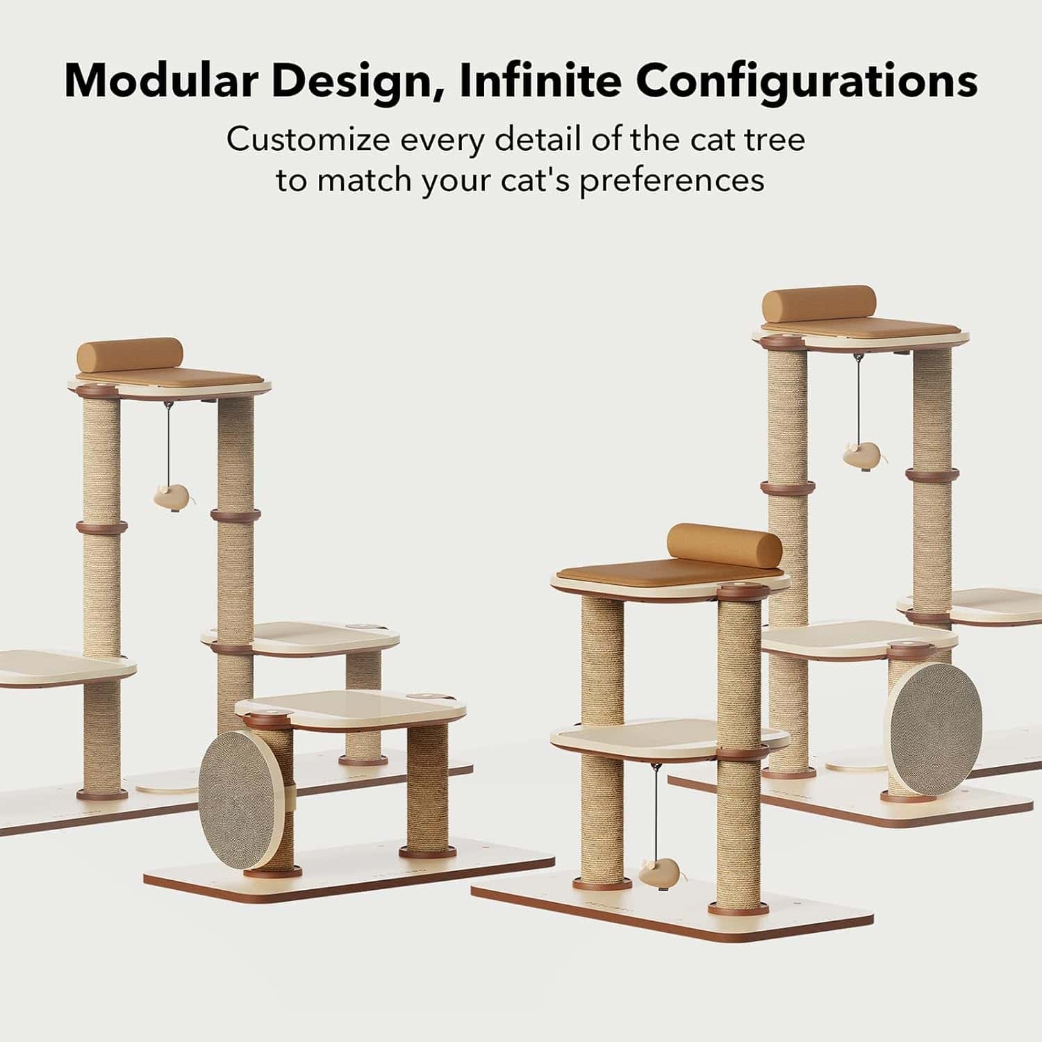 Stylish beige and brown modern cat tree with multiple platforms, scratching posts, and cozy resting spots for cats to play, climb, and relax. Perfect for pet owners seeking durable, functional, and aesthetically pleasing cat furniture.