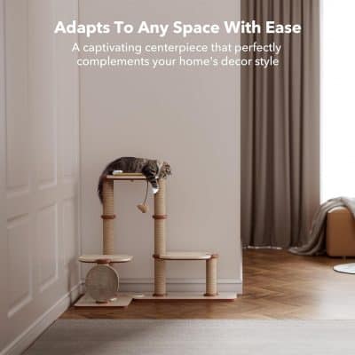 Luxurious cat tree with multiple platforms, scratching posts, and cozy resting spots for cats, designed to complement modern home decor and provide engaging activity for feline friends.