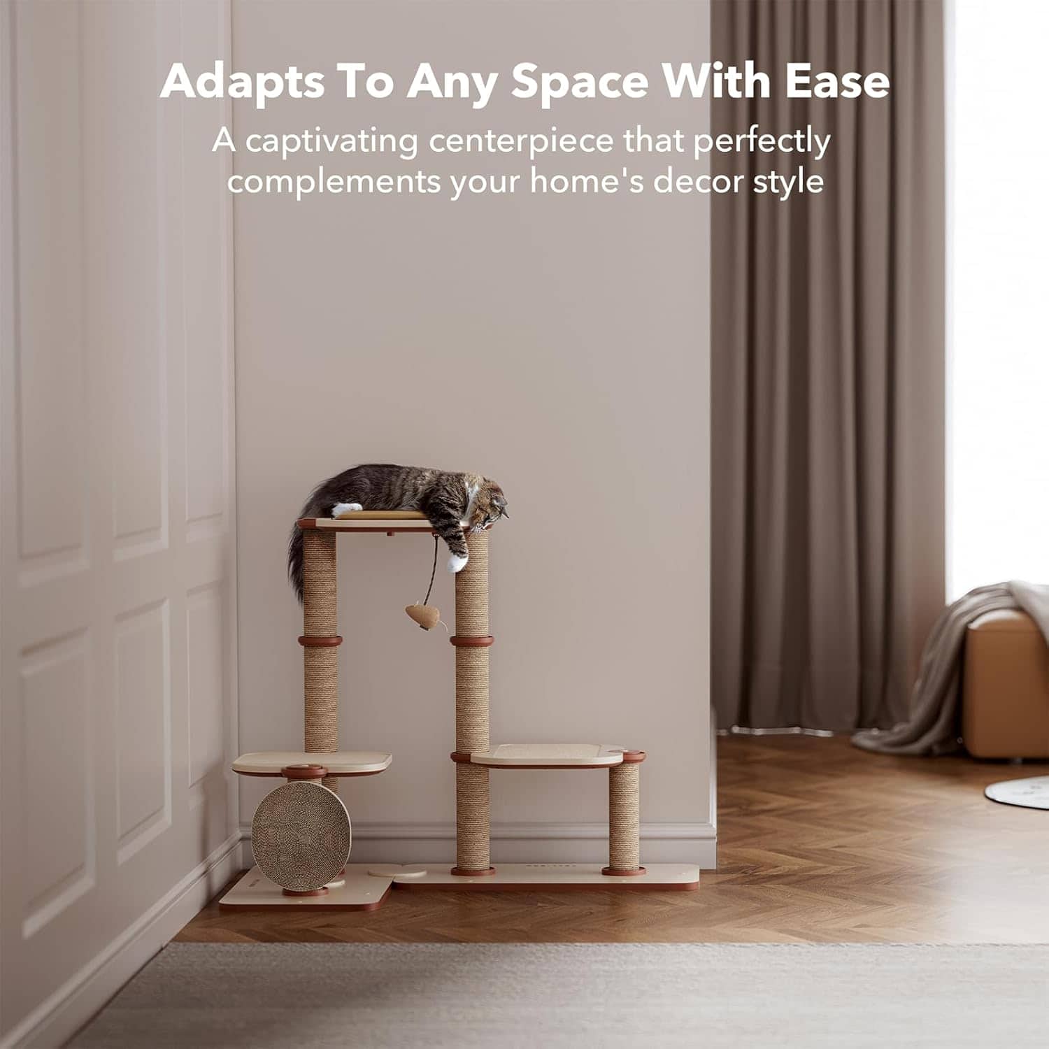 Luxurious cat tree with multiple platforms, scratching posts, and cozy resting spots for cats, designed to complement modern home decor and provide engaging activity for feline friends.