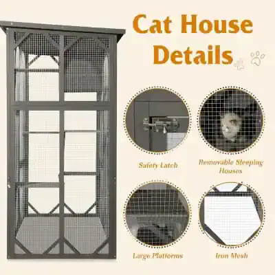 Wire pet cage with large platform and removable sleeping houses for cats and small animals, featuring safety latch and iron mesh for secure confinement.
