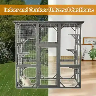 Spacious indoor outdoor cat house with mesh wire design for ventilation and safety, suitable for multi-cat households and pet owners seeking durable outdoor enclosures.