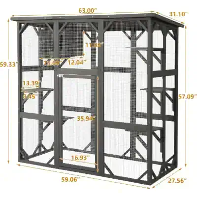 High-quality outdoor cat enclosure with multiple access doors, shelves, and platforms for comfortable pet play and safety; sturdy metal frame with wire mesh.