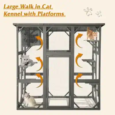 Large walk-in cat kennel with multiple platforms and mesh sides for easy access, ideal for pet owners seeking durable and spacious cat enclosures. Perfect for indoor and outdoor use.