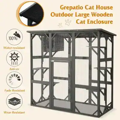 Grapato Cat House outdoor large wooden enclosure for cats, water-resistant and anti-UV, fade and wear-resistant, perfect for pet safety and outdoor enrichment.