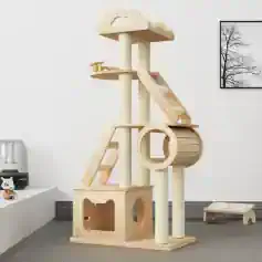 Natural wooden cat tree with scratching posts, multiple levels, and cozy hideouts for pets, perfect for home or pet store decorations. Durable and stylish for cats of all sizes.