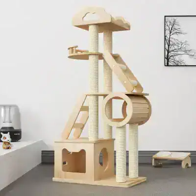 Natural wooden cat tree with scratching posts, multiple levels, and cozy hideouts for pets, perfect for home or pet store decorations. Durable and stylish for cats of all sizes.