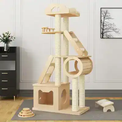 Luxury wooden cat tree with sisal scratching posts, climbing platforms, tunnel, and cozy hideouts, perfect for pet enrichment and play, shown in a modern living room setting.