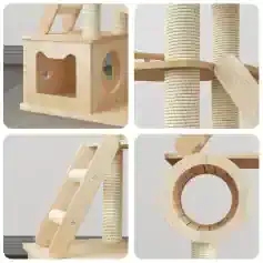 Modern wooden cat tree with multiple levels, scratching posts, and cozy hideouts ideal for pet enrichment and play. Crafted from natural wood for durability and style.