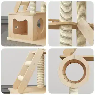 Modern wooden cat tree with multiple levels, scratching posts, and cozy hideouts ideal for pet enrichment and play. Crafted from natural wood for durability and style.