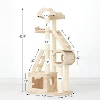 Natural wood cat tree with multiple platforms, tunnels, and scratching posts for pet play and enrichment. Perfect for cats to climb, scratch, and rest comfortably indoors.