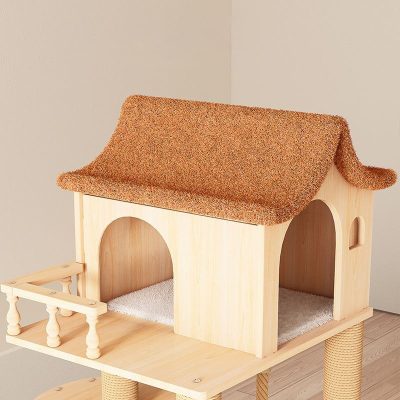 Cozy wooden pet house with soft textured roof for cat or small dog, perfect for home or shelter use.