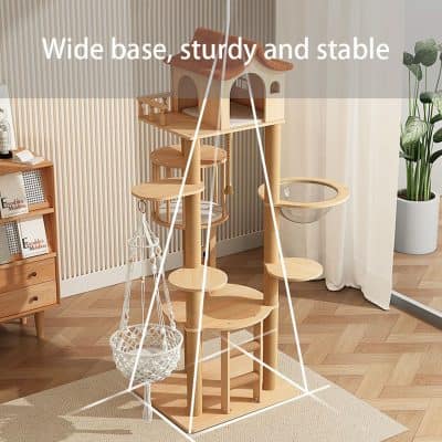 Modern wooden cat tree with multiple platforms and a cozy hammock, providing a sturdy, stable, and stylish place for cats to climb, play, and rest in a contemporary home setting.