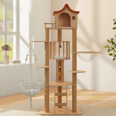 Wooden cat tree with multiple levels, scratching posts, and cozy hideouts for pets, ideal for climbing and playing. Perfect for enhancing pet entertainment and comfort at Monalisa Store.