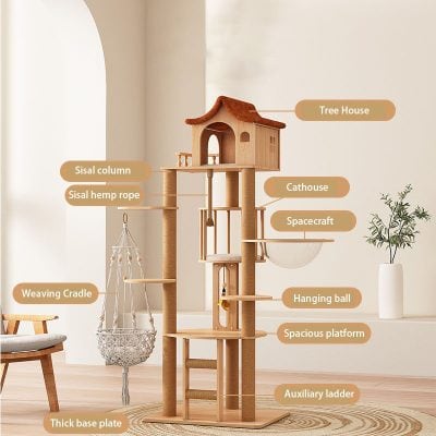 A multi-level wooden cat tree with various platforms, sisal columns, and hanging accessories, perfect for indoor cats to explore, play, and relax, designed for pet comfort and entertainment.
