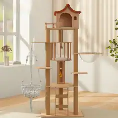 Modern multi-level wooden cat tree with scratching posts, cozy hideouts, and playful platforms for pets. Perfect for cats to climb, scratch, and relax indoors.