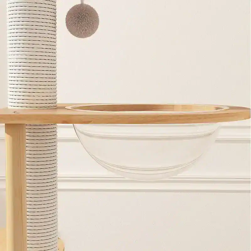 Modern cat tree with scratching post, cozy hideaway, and minimalist design for stylish pet owners. Ideal for cats' play, scratching, and resting in a sleek, contemporary home decor setting.