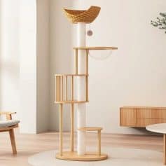 Spacious indoor cat tree with multiple platforms, scratching posts, and cozy napping areas, perfect for cats to play, scratch, and relax in a modern home setting.
