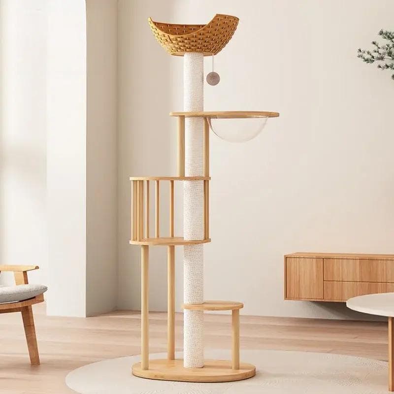 Spacious indoor cat tree with multiple platforms, scratching posts, and cozy napping areas, perfect for cats to play, scratch, and relax in a modern home setting.