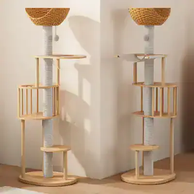 Modern multi-level wooden cat tree with scratching posts and cozy perches for pets, designed for cat entertainment and relaxation, ideal for home interiors.