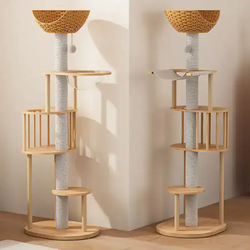 Modern multi-level wooden cat tree with scratching posts and cozy perches for pets, designed for cat entertainment and relaxation, ideal for home interiors.