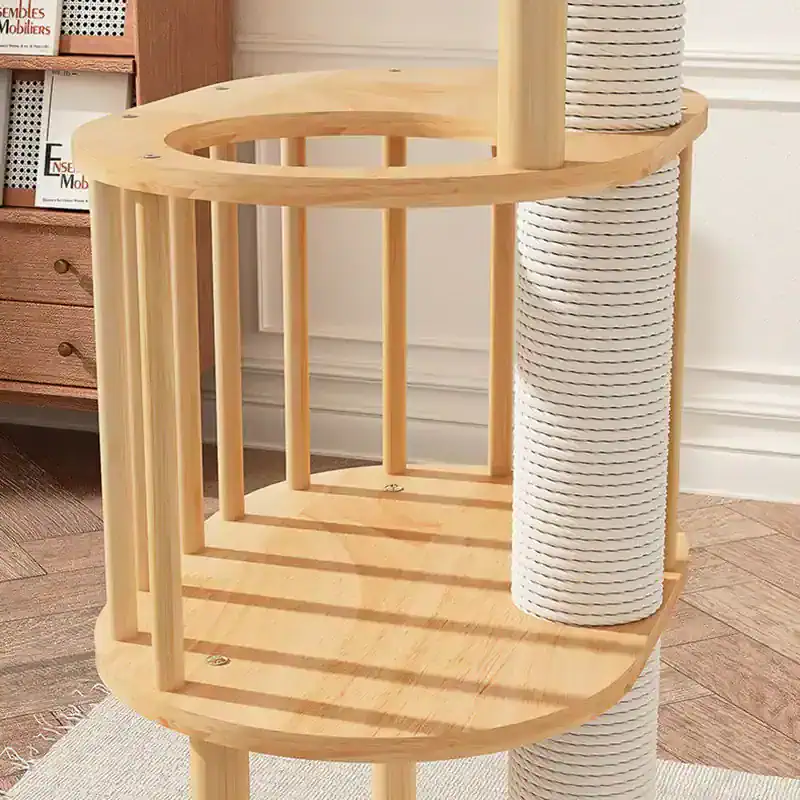 Wooden cat tree with scratching posts, multi-level structure for feline play and rest, durable wood design for cats, suitable for modern homes, from Monalisa Store.