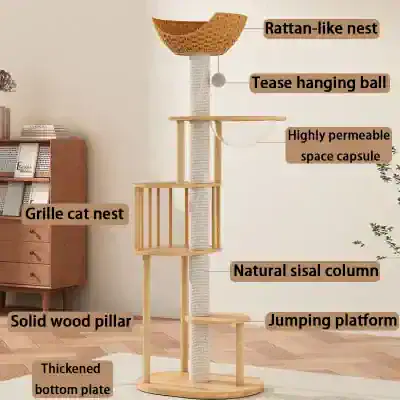 Cat furniture, multi-level cat tree with sisal scratching post and cozy nesting spaces for indoor cats.