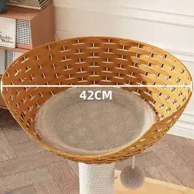 Wicker cat tree with a soft cushioned bed, 42cm diameter for feline comfort and play. Perfect for pet owners seeking stylish, functional furniture for their cats.