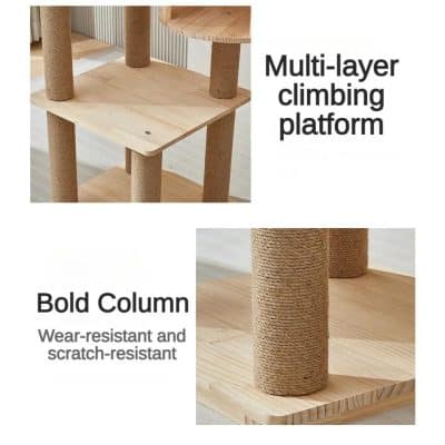 Multi-layer climbing platform with sturdy, scratch-resistant columns, ideal for pet furniture, combining durability and modern design for a stylish, functional space.