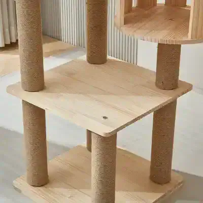 Natural wood cat tree with sisal-covered scratching posts, ideal for feline play and rest at Monalisa Store. Durable and stylish pet furniture for cats.