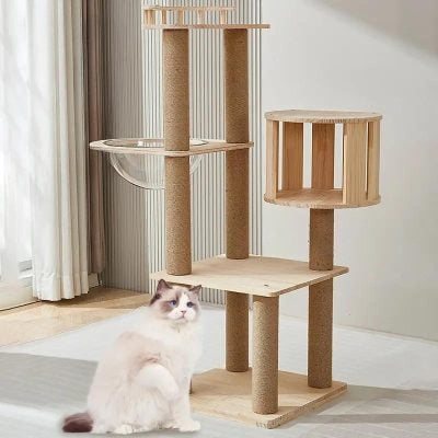 Modern wooden cat tree with multiple levels and cozy hideouts for pets, perfect for indoor entertainment and scratching.