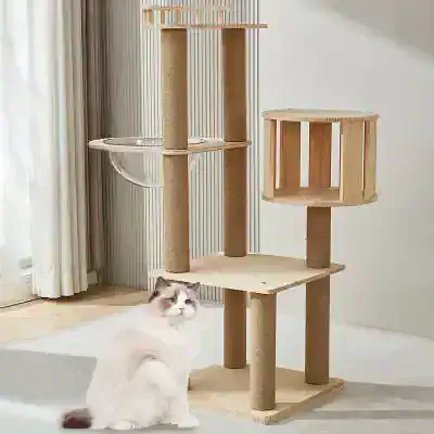 Cat tree with multiple platforms and sisal-covered scratching posts for cats at Monalisa Store.