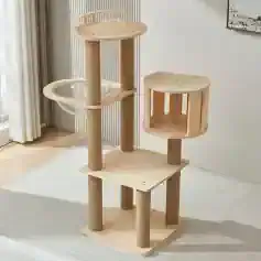 Modern multi-level cat tree with scratching posts, cozy hideouts, and platforms for climbing and playing, perfect for pet cats to exercise and relax.
