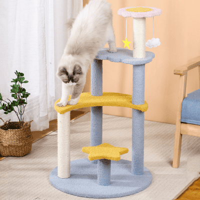 Colorful cat tree with scratching posts and cozy platforms for indoor cats, featuring plush yellow and blue fabric, ideal for entertainment and relaxation at Monalisa Medical Store.