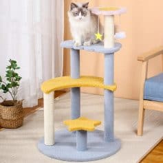 Fluffy cat sitting on a colorful multi-level cat tree by Monalisa Store, ideal for mental stimulation and exercise for cats.