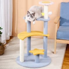 Fluffy gray and white cat lounging on colorful multi-level cat tree, cozy living room scene with blue armchair, indoor plants, and natural light, ideal for pet accessories and feline comfort.