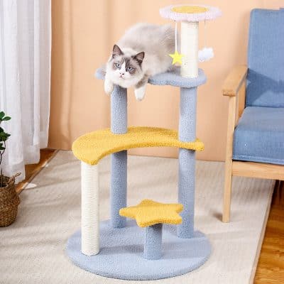 Fluffy gray and white cat lounging on colorful multi-level cat tree, cozy living room scene with blue armchair, indoor plants, and natural light, ideal for pet accessories and feline comfort.